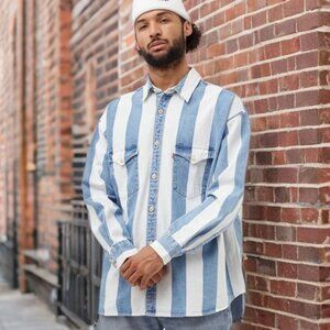 Levi's Men Barstow Western Button Down Shirt Striped Denim Polo Collar Oversized